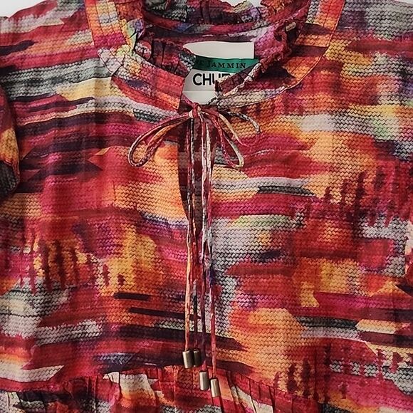 Chufy Red Ellis Gone Jammin Silk Blend Babydoll Ruffle Sleeves Blouse Top L (T20 - Picture 2 of 7